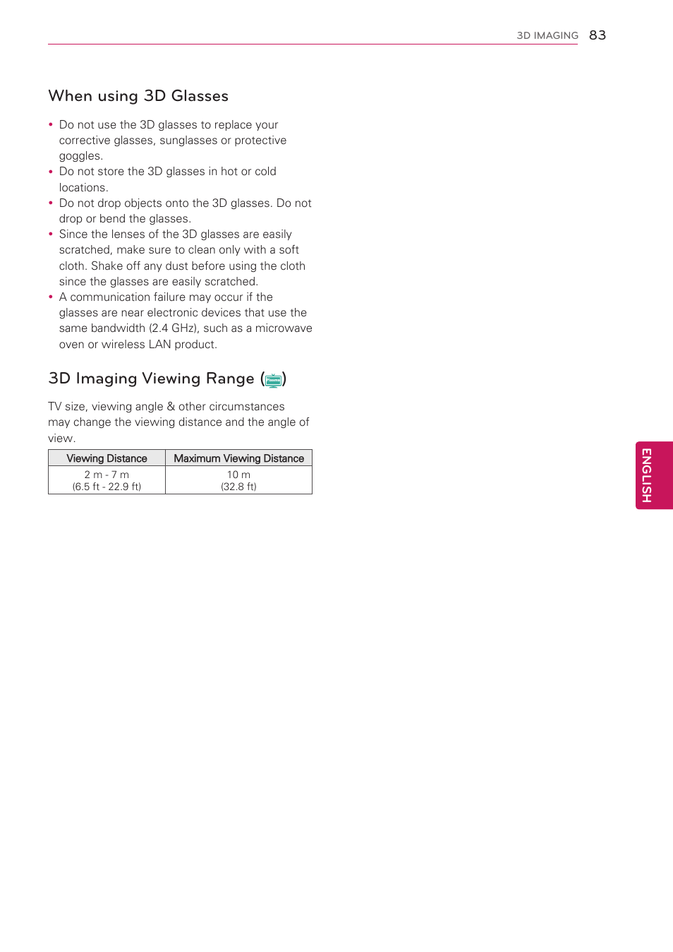 When using 3d glasses, 3d imaging viewing range (￼), 3d imaging viewing range | Plasma | LG 47LV3700 User Manual | Page 83 / 172