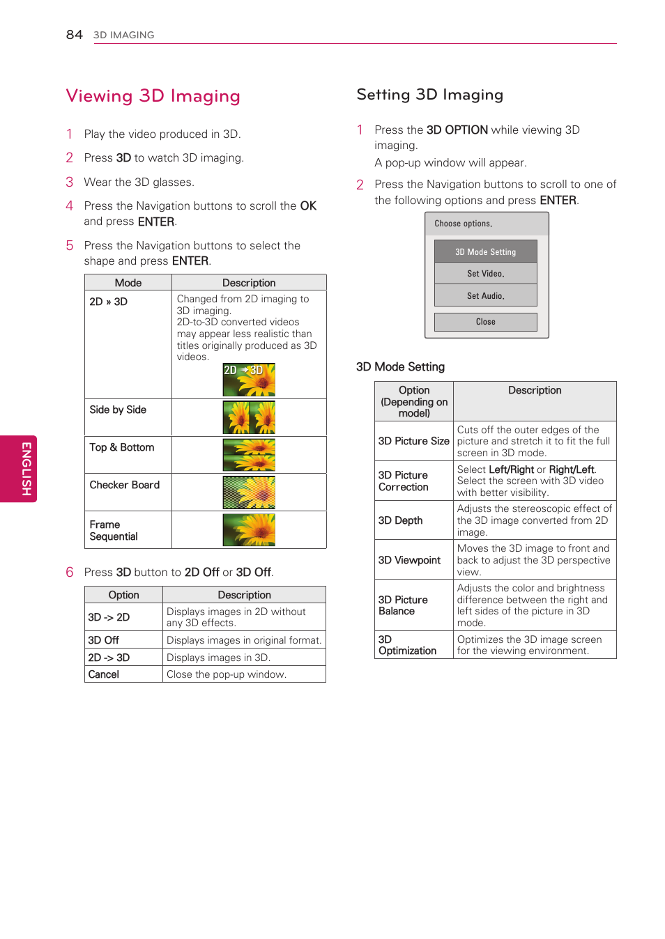 Viewing 3d imaging, Setting 3d imaging | LG 47LV3700 User Manual | Page 84 / 172