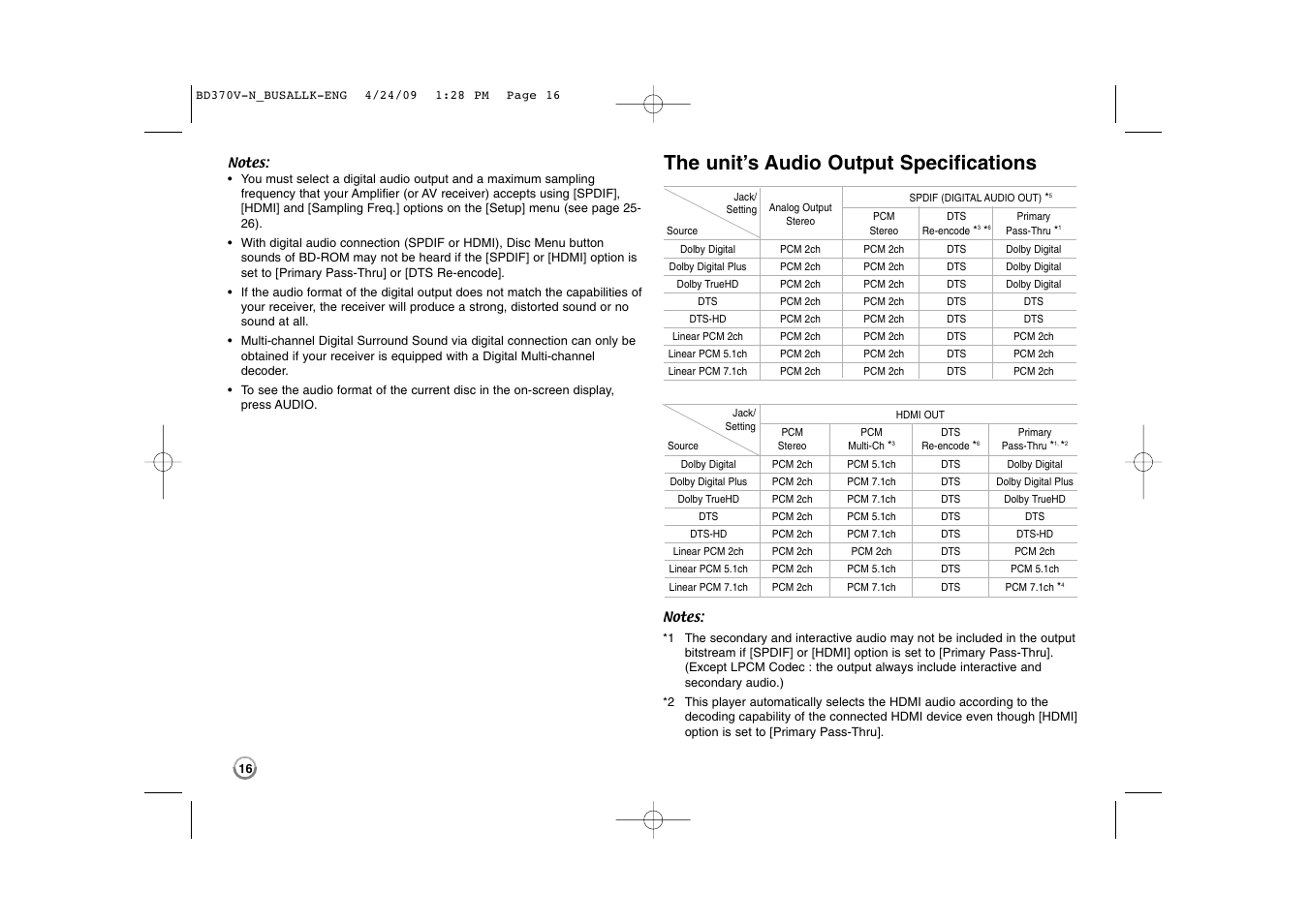 The unit’s audio output specifications | LG BD370 User Manual | Page 16 / 56