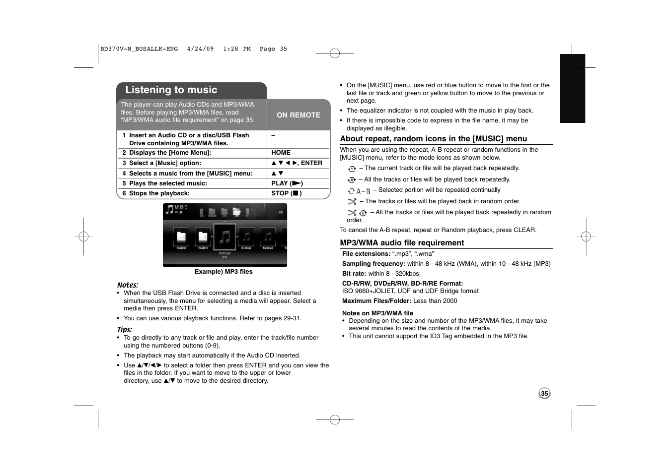 Listening to music | LG BD370 User Manual | Page 35 / 56