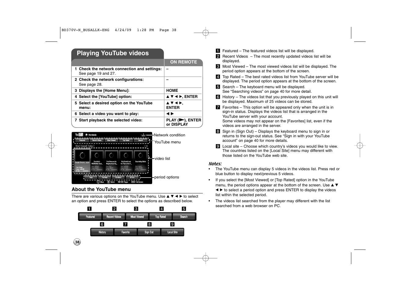 Playing youtube videos | LG BD370 User Manual | Page 38 / 56