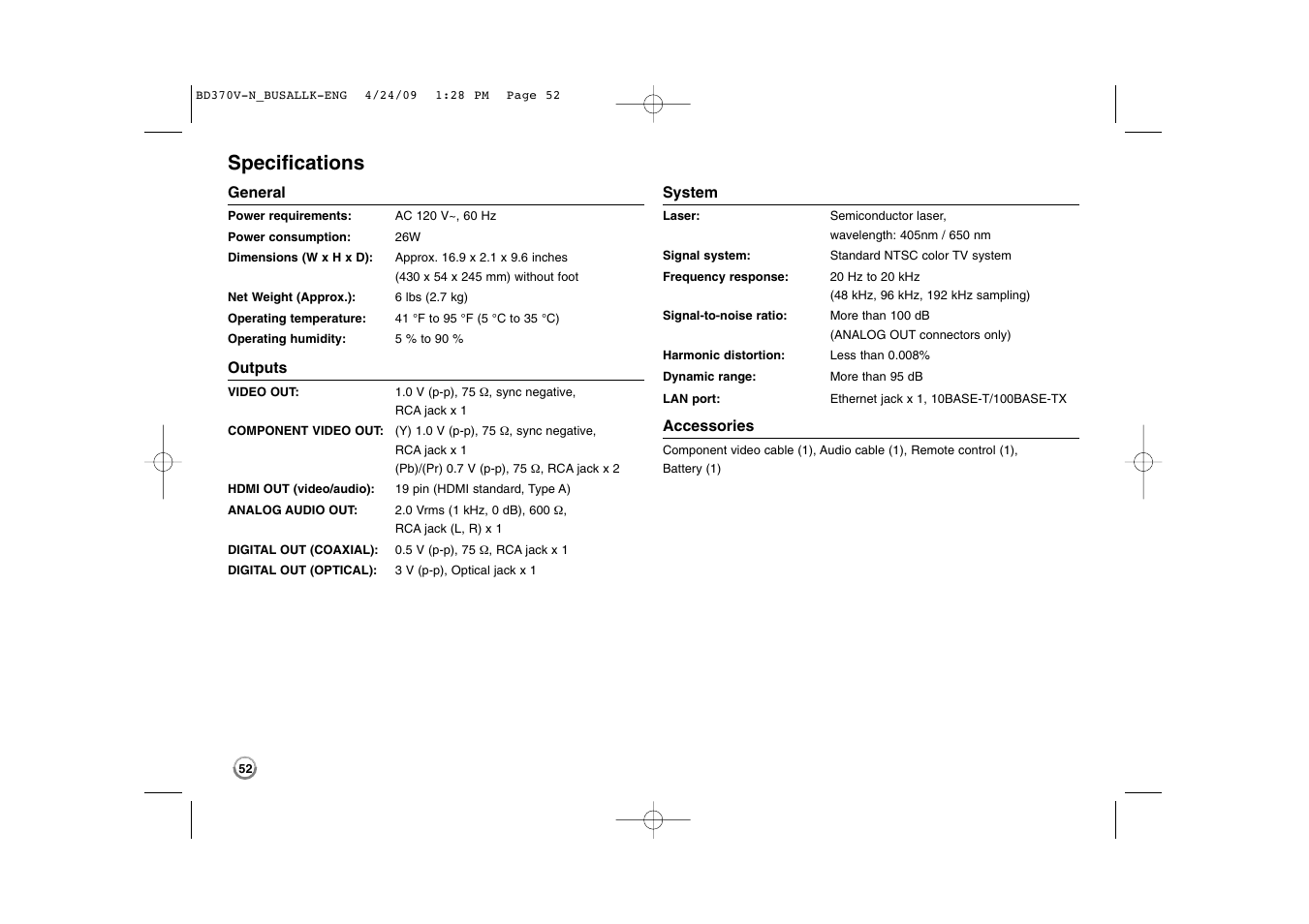 Specifications | LG BD370 User Manual | Page 52 / 56