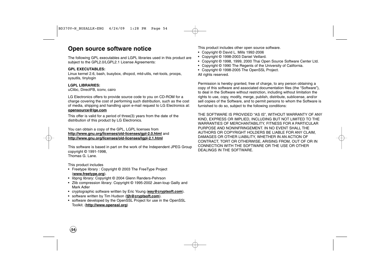 Open source software notice | LG BD370 User Manual | Page 54 / 56