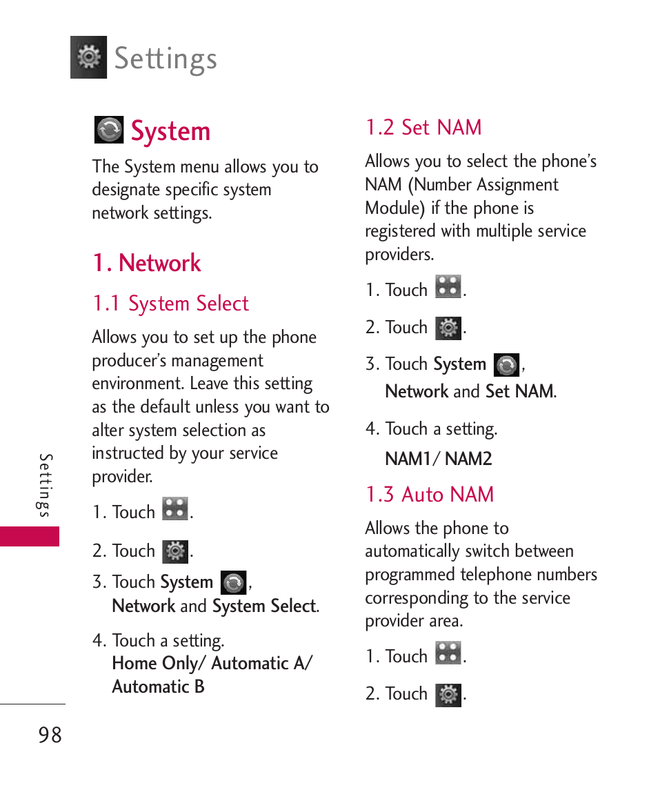 System, Network, 1 system select | 2 set nam, 3 auto nam, Settings | LG LGUX700 User Manual | Page 100 / 295