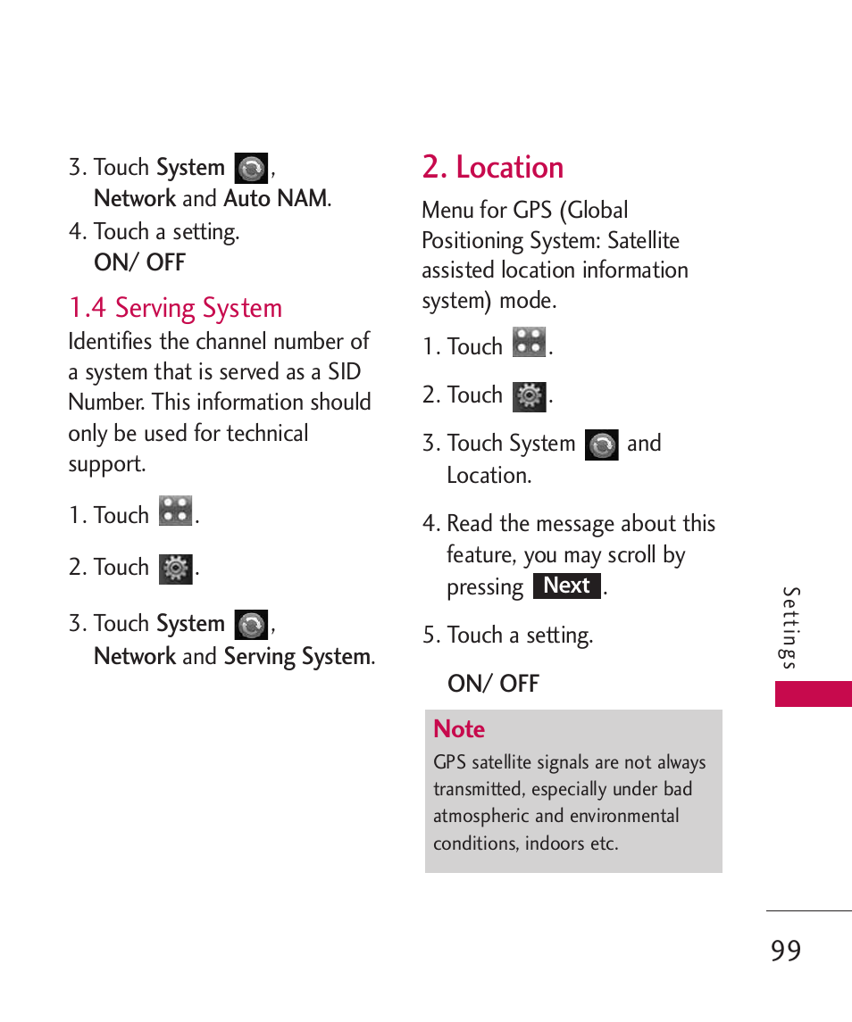 4 serving system, Location | LG LGUX700 User Manual | Page 101 / 295