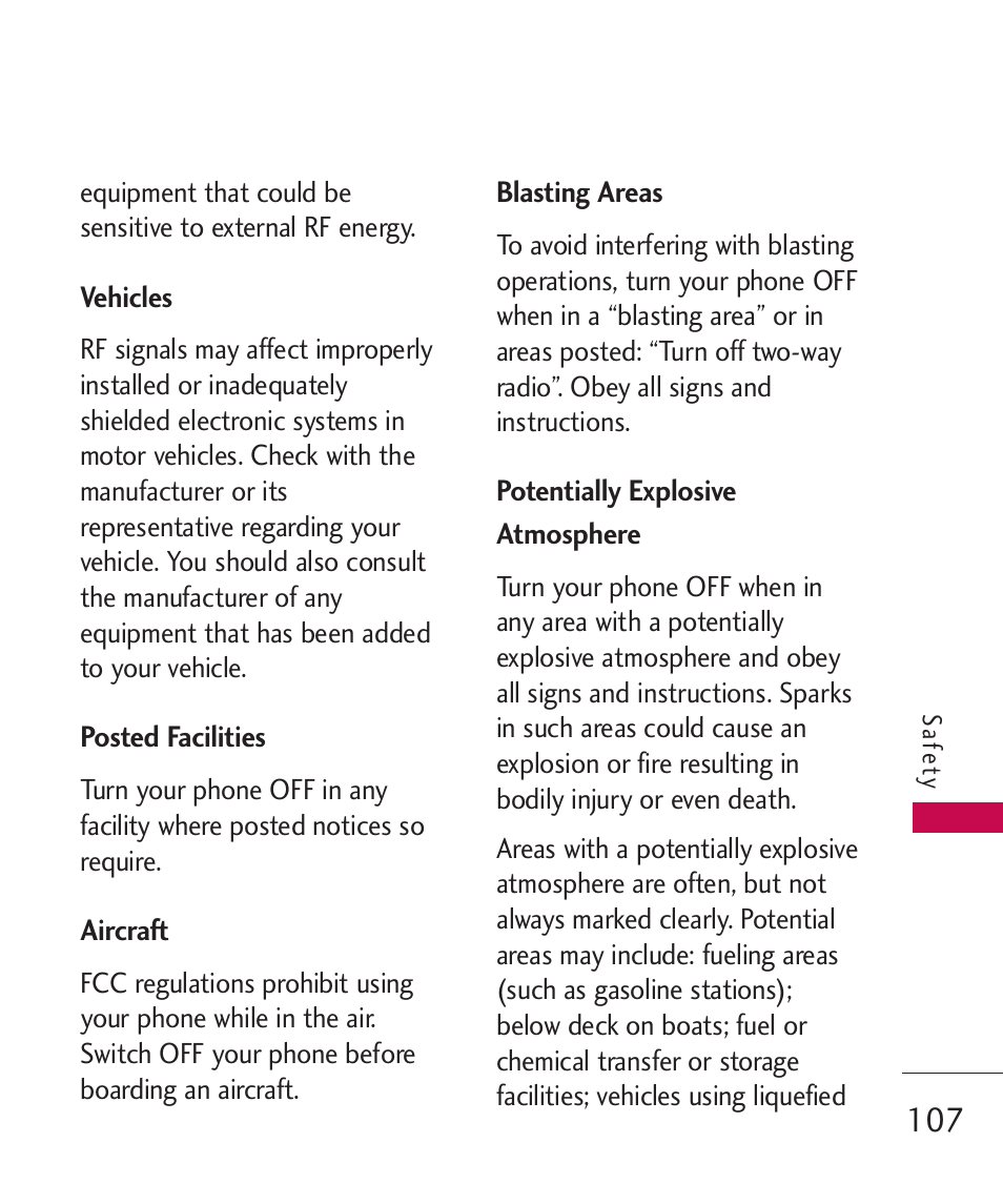 Vehicles, Posted facilities, Aircraft | Blasting areas, Potentially explosive atmosp, Potentially explosive atmosphere 107 | LG LGUX700 User Manual | Page 109 / 295