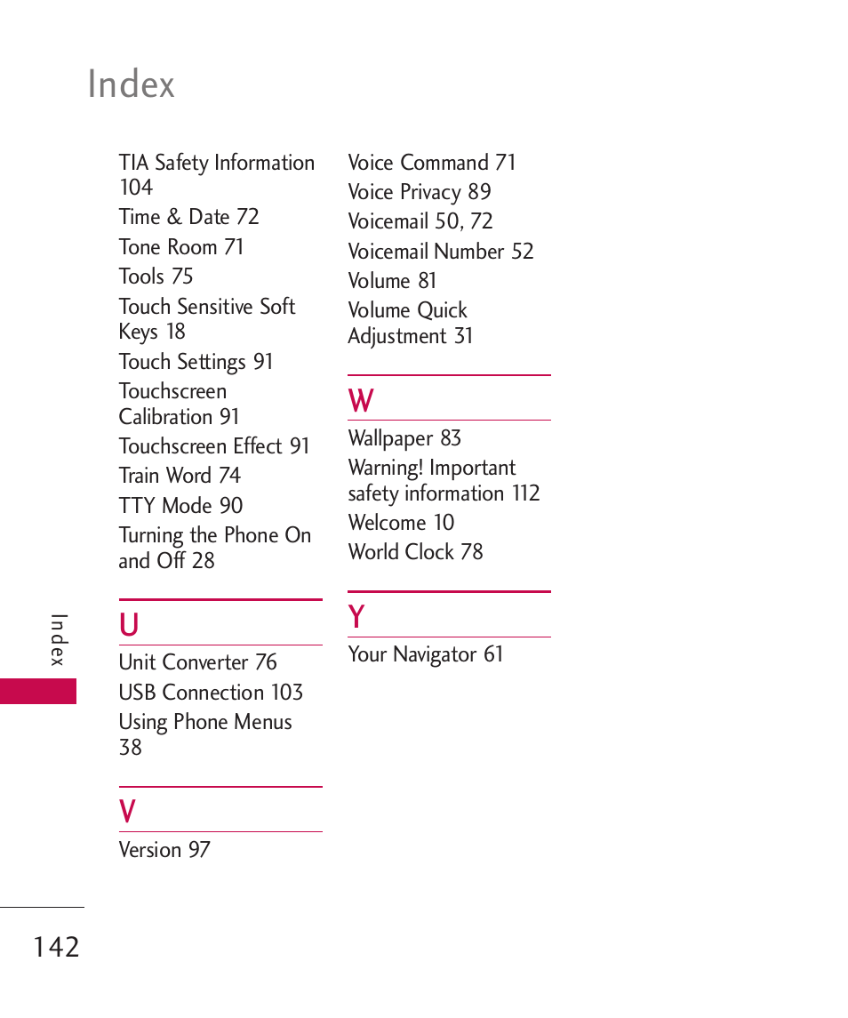 Index | LG LGUX700 User Manual | Page 144 / 295