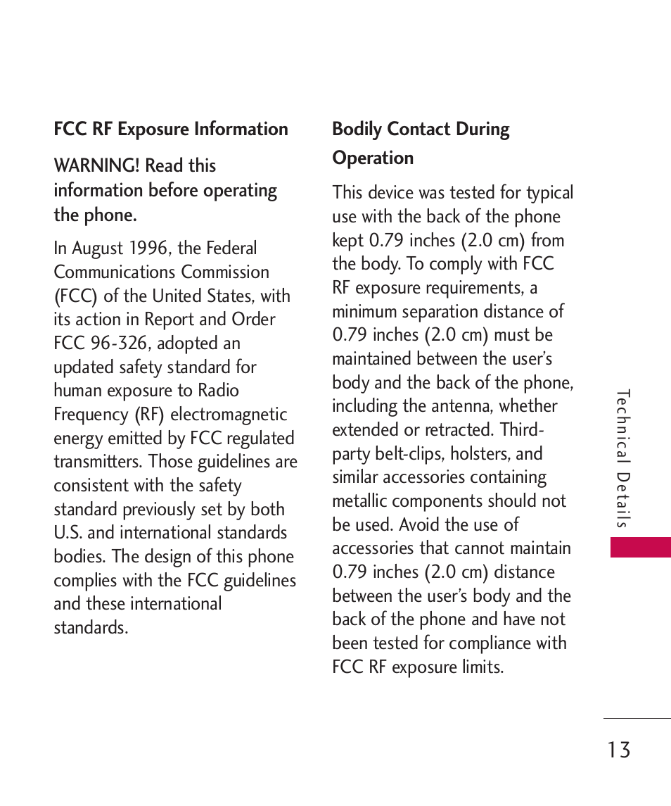 Fcc rf exposure information, Bodily contact during operation, Bodily contact during operation 13 | LG LGUX700 User Manual | Page 15 / 295