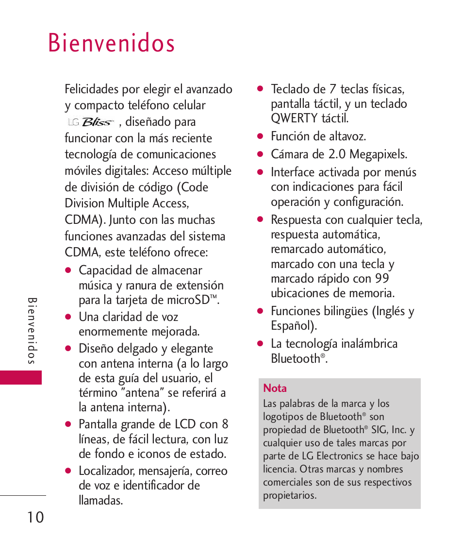 Bienvenidos, Una claridad de voz enormemente mejorada, Función de altavoz | Cámara de 2.0 megapixels, Funciones bilingües (inglés y español), La tecnología inalámbrica bluetooth | LG LGUX700 User Manual | Page 154 / 295