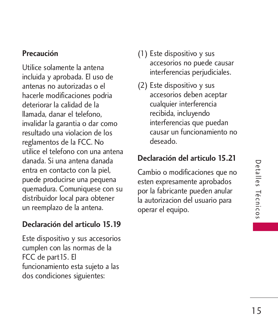 Precaución, Declaración del articulo 15.19, Declaración del articulo 15.21 | LG LGUX700 User Manual | Page 159 / 295