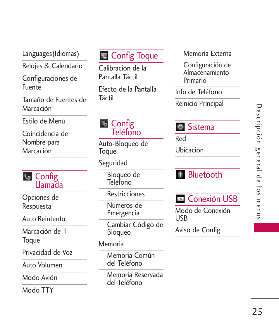 Config llamada, Config toque, Config teléfono | Sistema, Bluetooth conexión usb | LG LGUX700 User Manual | Page 169 / 295