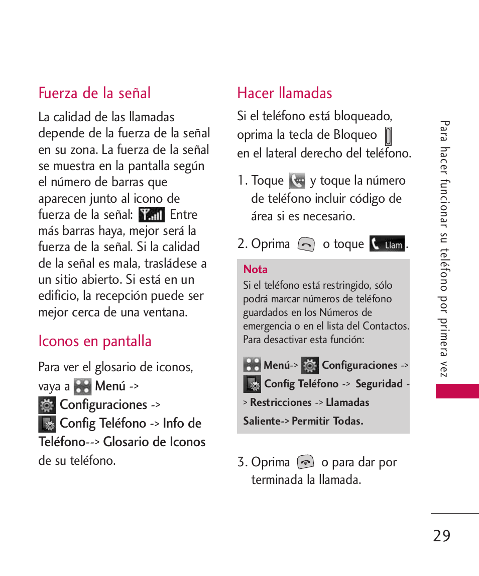 Fuerza de la señal, Iconos en pantalla, Hacer llamadas | LG LGUX700 User Manual | Page 173 / 295