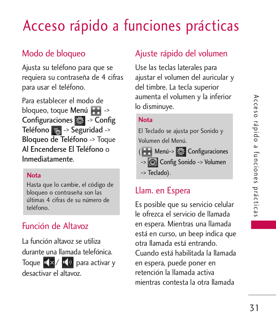 Acceso rápido a funciones pr, Modo de bloqueo, Función de altavoz | Ajuste rápido del volumen, Llam. en espera, Acceso rápido a funciones prácticas | LG LGUX700 User Manual | Page 175 / 295