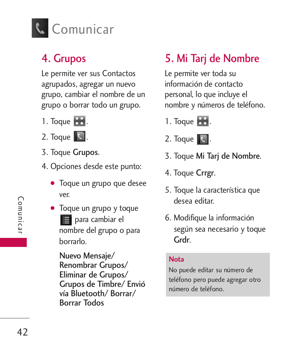 Grupos, Mi tarj de nombre, Comunicar | LG LGUX700 User Manual | Page 186 / 295