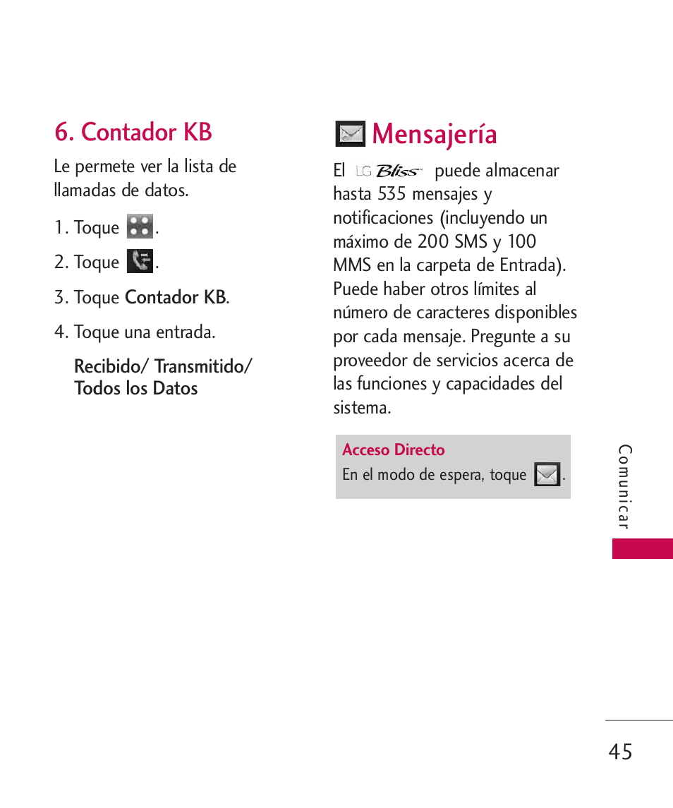 Contador kb, Mensajería | LG LGUX700 User Manual | Page 189 / 295