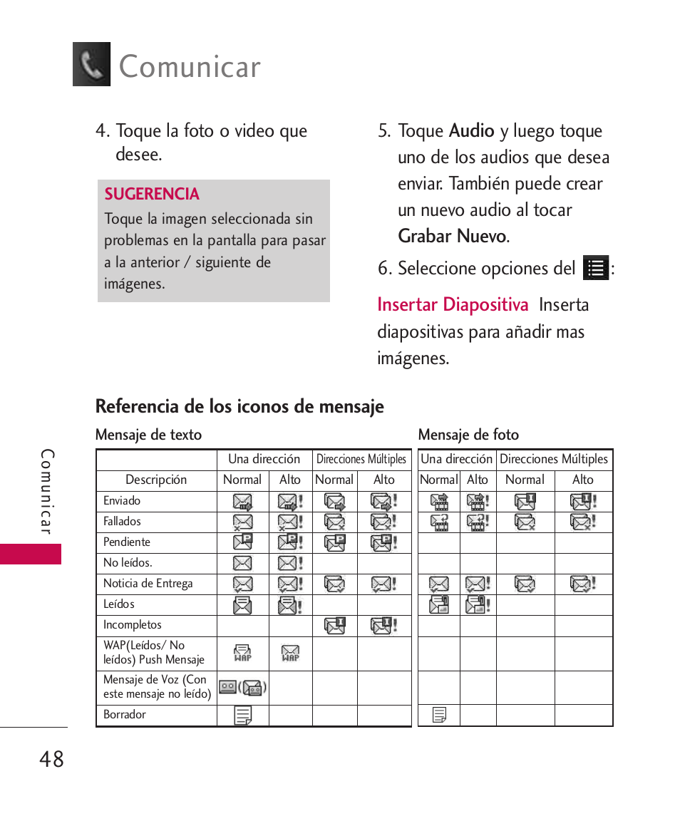 Comunicar, Audio, Grabar nuevo | Insertar diapositiva, Referencia de los iconos de mensaje, Toque la foto o video que desee. 5. toque, Seleccione opciones del, Inserta diapositivas para añadir mas imágenes | LG LGUX700 User Manual | Page 192 / 295