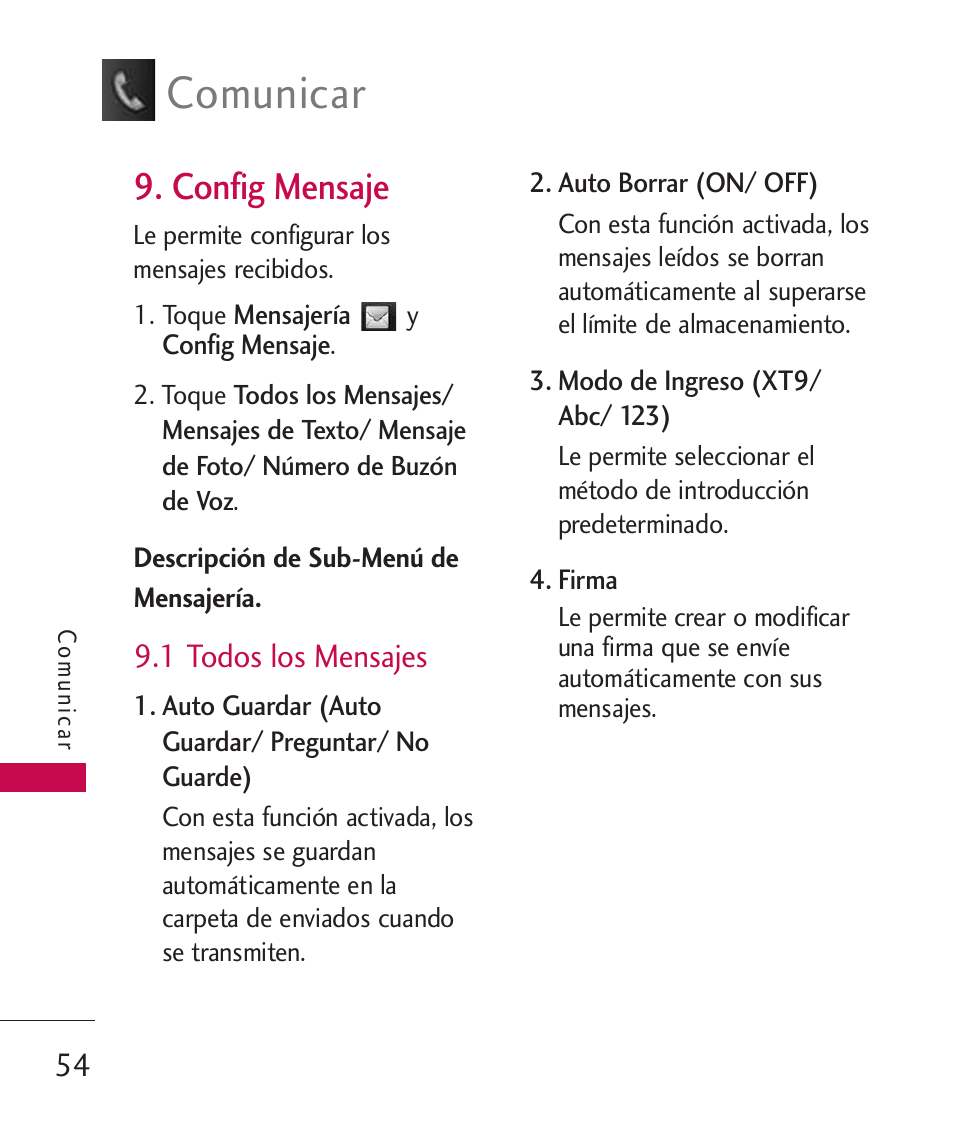 Config mensaje, 1 todos los mensajes, Comunicar | LG LGUX700 User Manual | Page 198 / 295