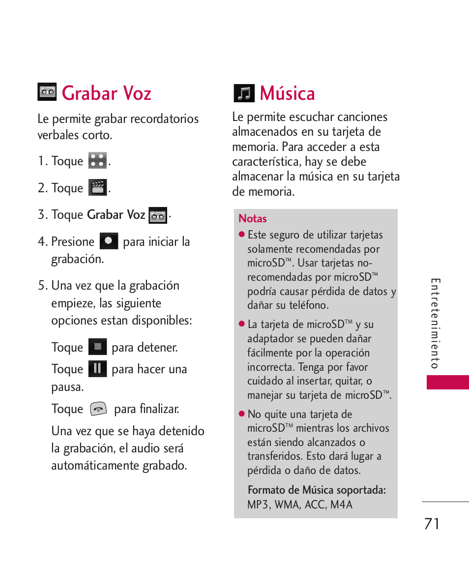 Grabar voz, Música | LG LGUX700 User Manual | Page 215 / 295