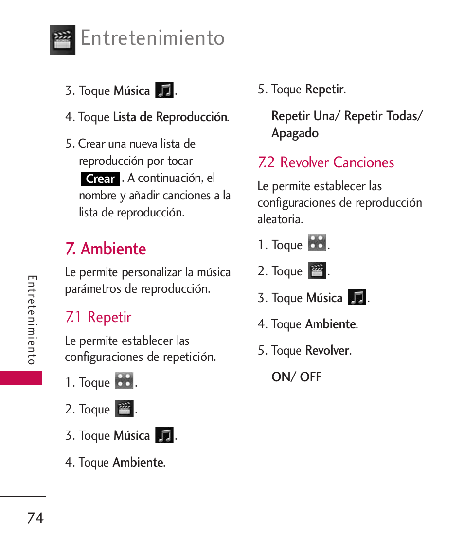 Ambiente, 1 repetir, 2 revolver canciones | Entretenimiento | LG LGUX700 User Manual | Page 218 / 295