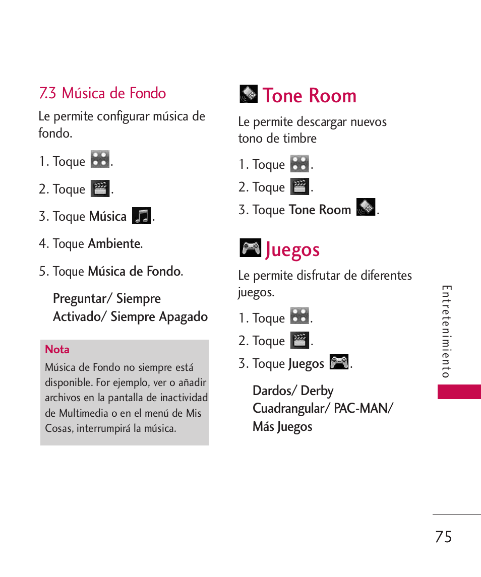 3 música de fondo, Tone room, Juegos | LG LGUX700 User Manual | Page 219 / 295