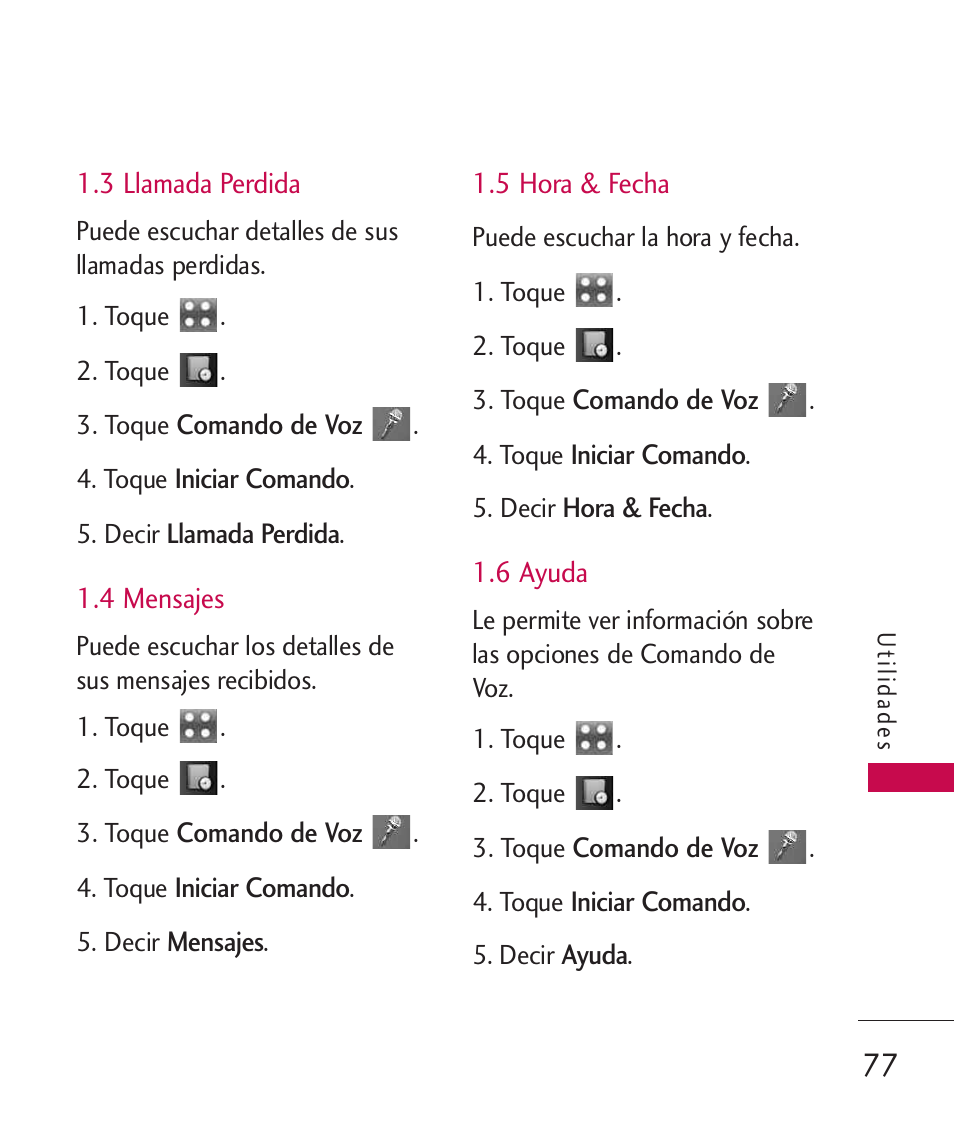 3 llamada perdida, 4 mensajes, 5 hora & fecha | 6 ayuda | LG LGUX700 User Manual | Page 221 / 295