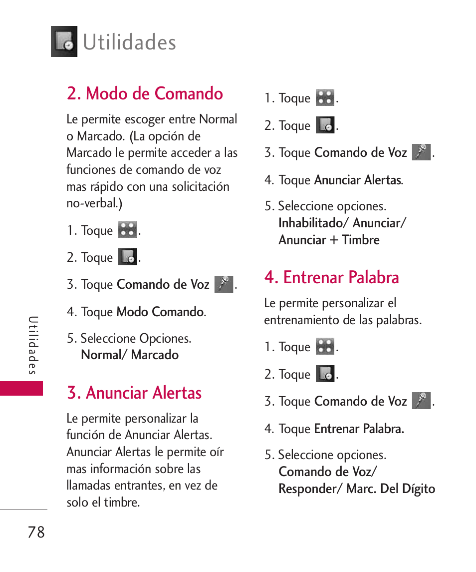 Modo de comando, Anunciar alertas, Entrenar palabra | Utilidades | LG LGUX700 User Manual | Page 222 / 295