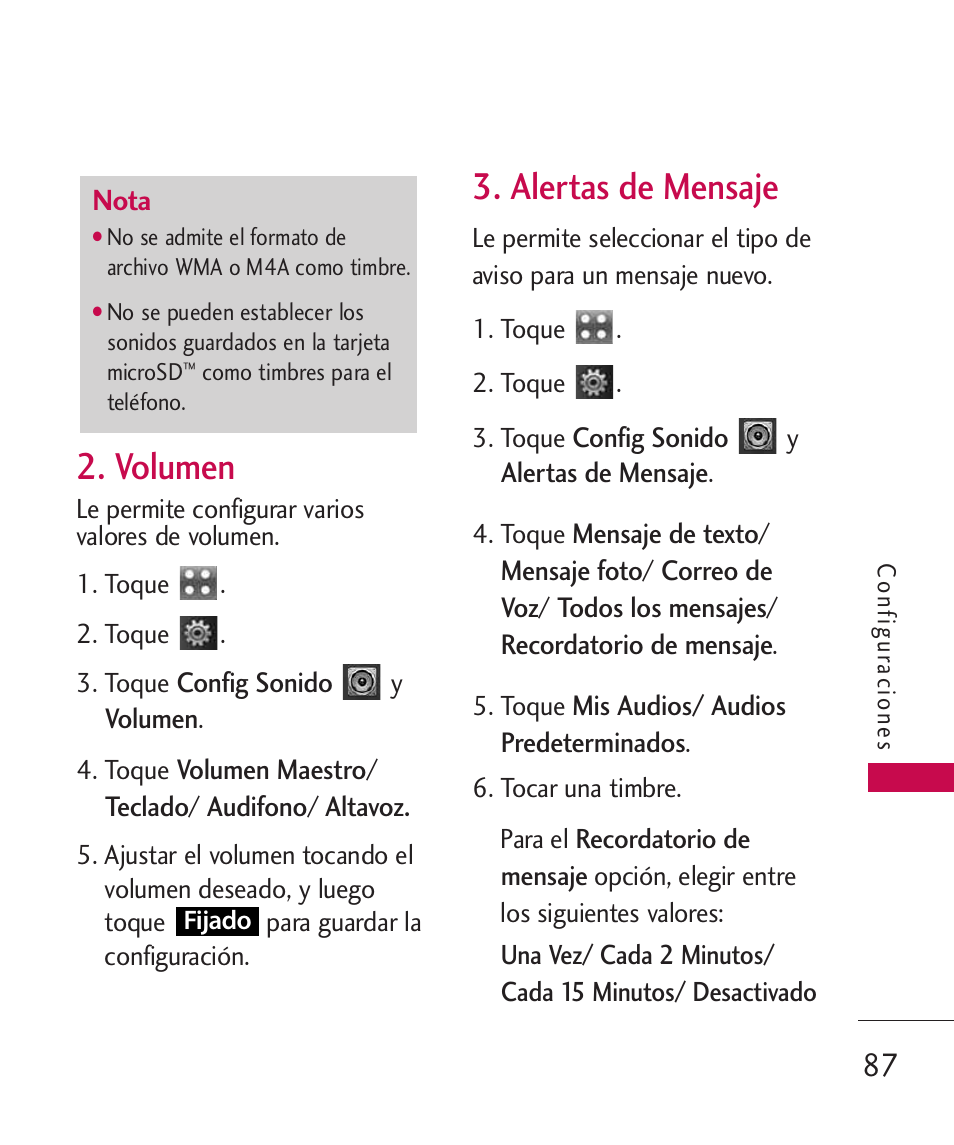 Volumen, Alertas de mensaje | LG LGUX700 User Manual | Page 231 / 295