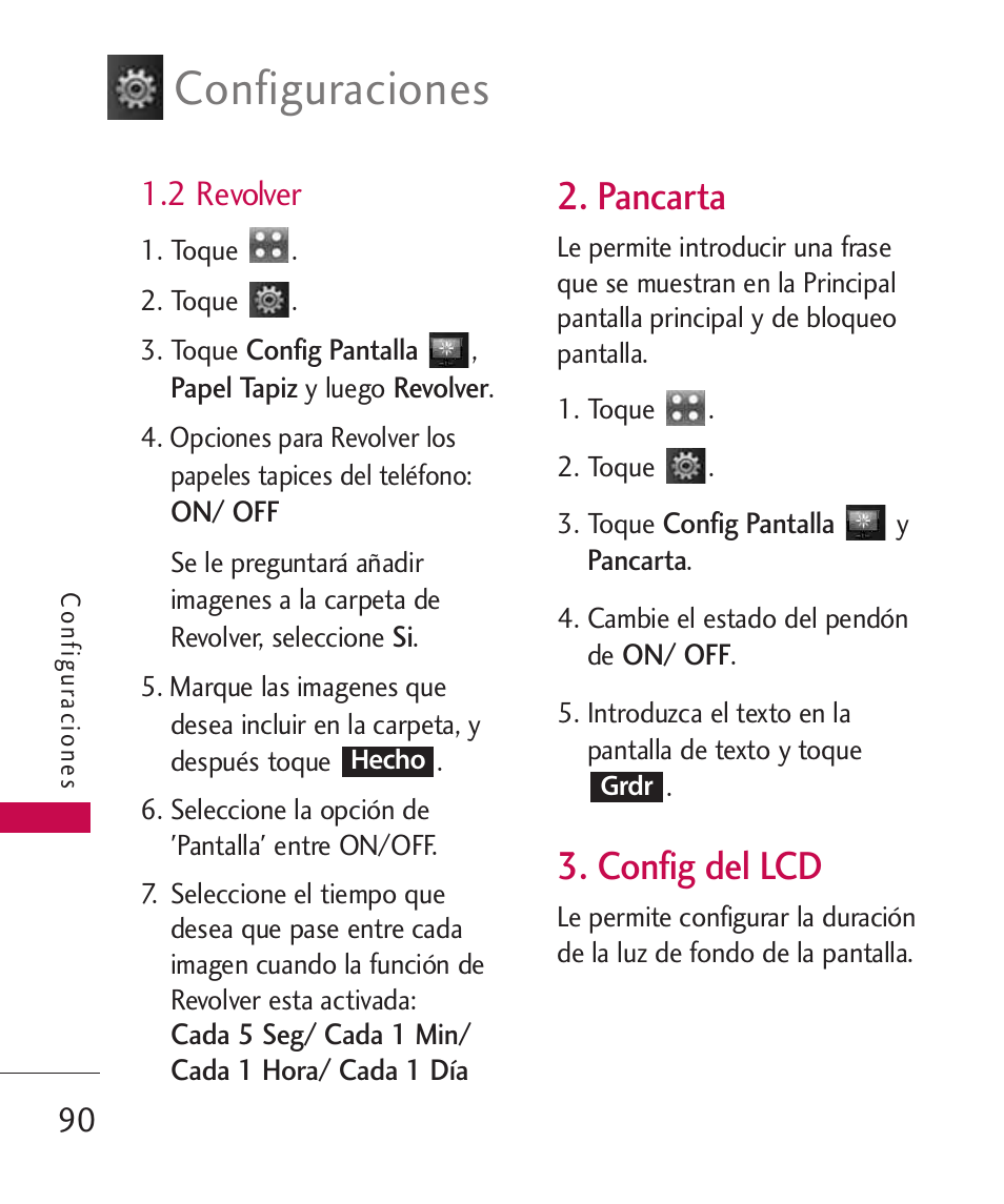 2 revolver, Pancarta, Config del lcd | Configuraciones | LG LGUX700 User Manual | Page 234 / 295