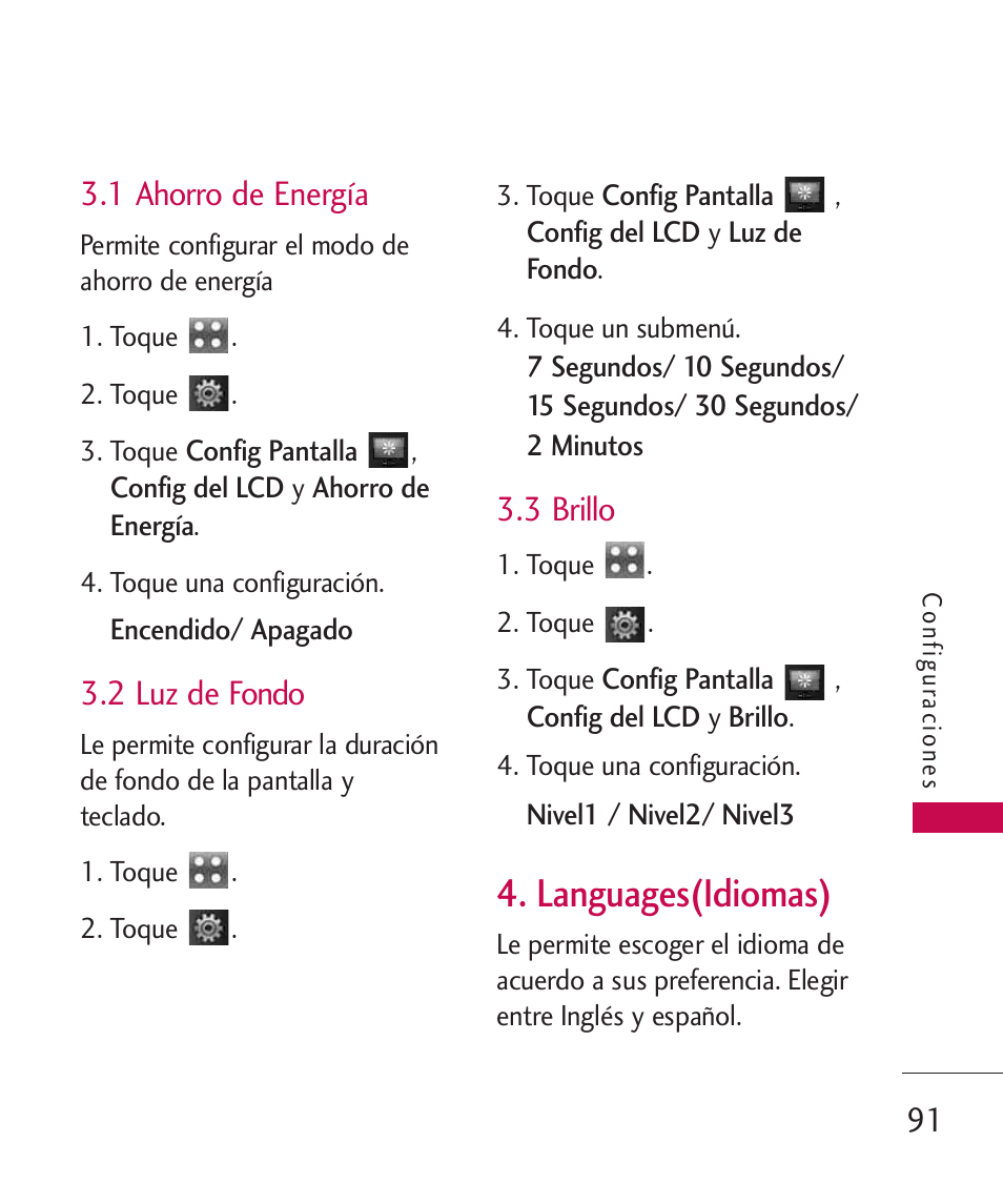 1 ahorro de energía, 2 luz de fondo, 3 brillo | Languages(idiomas) | LG LGUX700 User Manual | Page 235 / 295