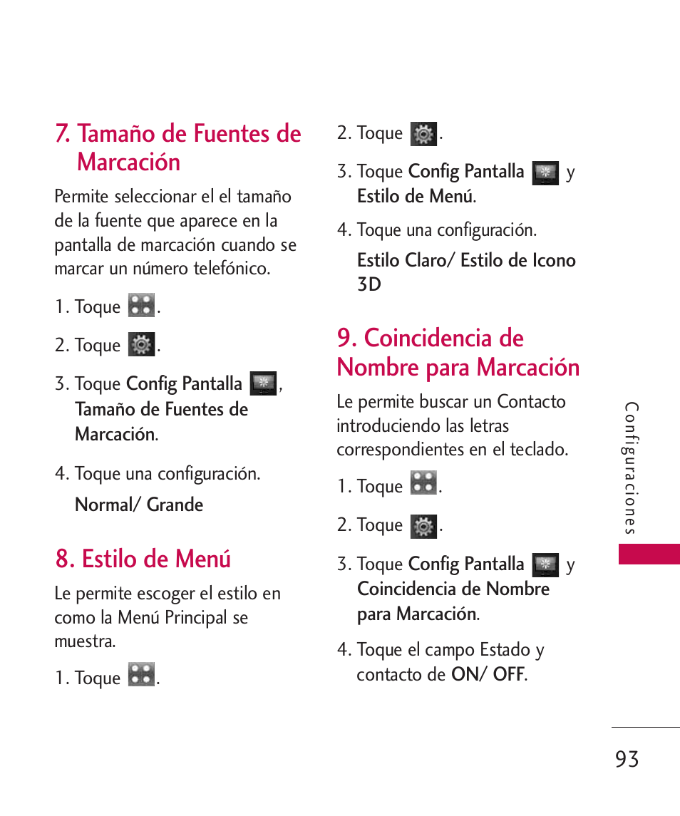 tamaño de fuentes de mar, Estilo de menú, Coincidencia de nombre pa | Tamaño de fuentes de, Marcación, Coincidencia de nombre para marcación, Tamaño de fuentes de marcación | LG LGUX700 User Manual | Page 237 / 295