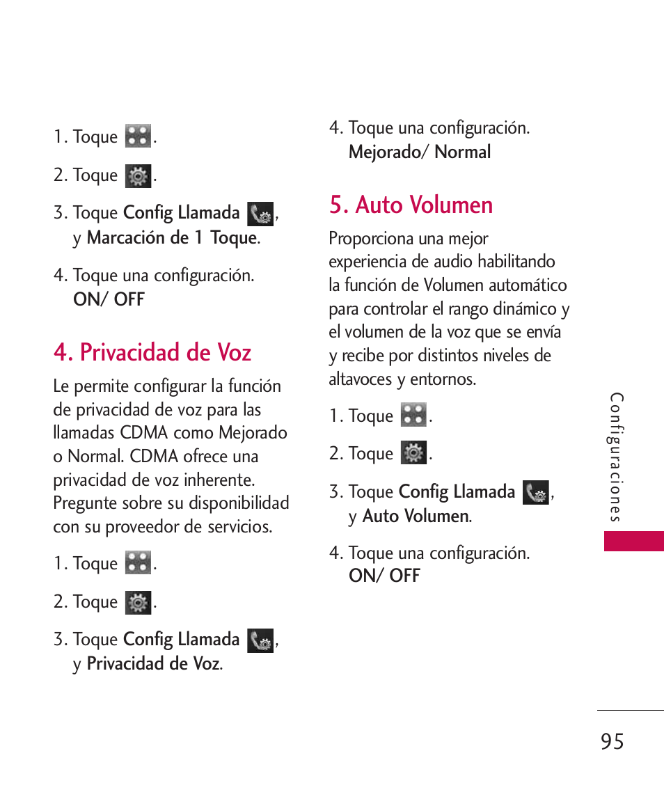 Privacidad de voz, Auto volumen | LG LGUX700 User Manual | Page 239 / 295