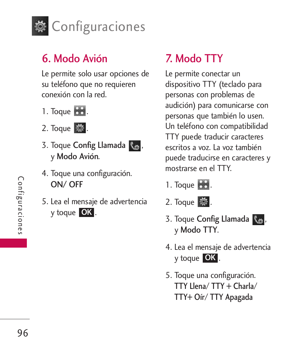 Modo avión, Modo tty, Configuraciones | LG LGUX700 User Manual | Page 240 / 295