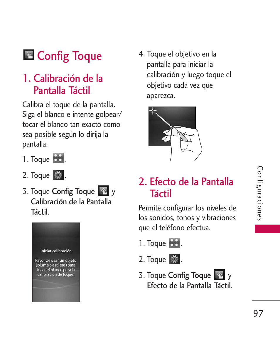 Config toque, calibración de la pantal, Efecto de la pantalla táctil | Calibración de la pantalla, Táctil, Efecto de la pantalla táctil 97, Calibración de la pantalla táctil | LG LGUX700 User Manual | Page 241 / 295