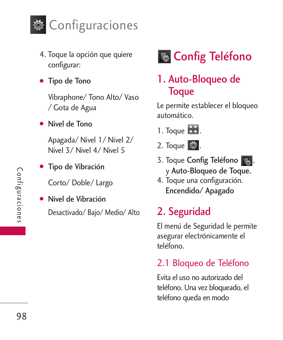 Config teléfono, Auto-bloqueo de toque, Seguridad | 1 bloqueo de teléfono, Configuraciones | LG LGUX700 User Manual | Page 242 / 295