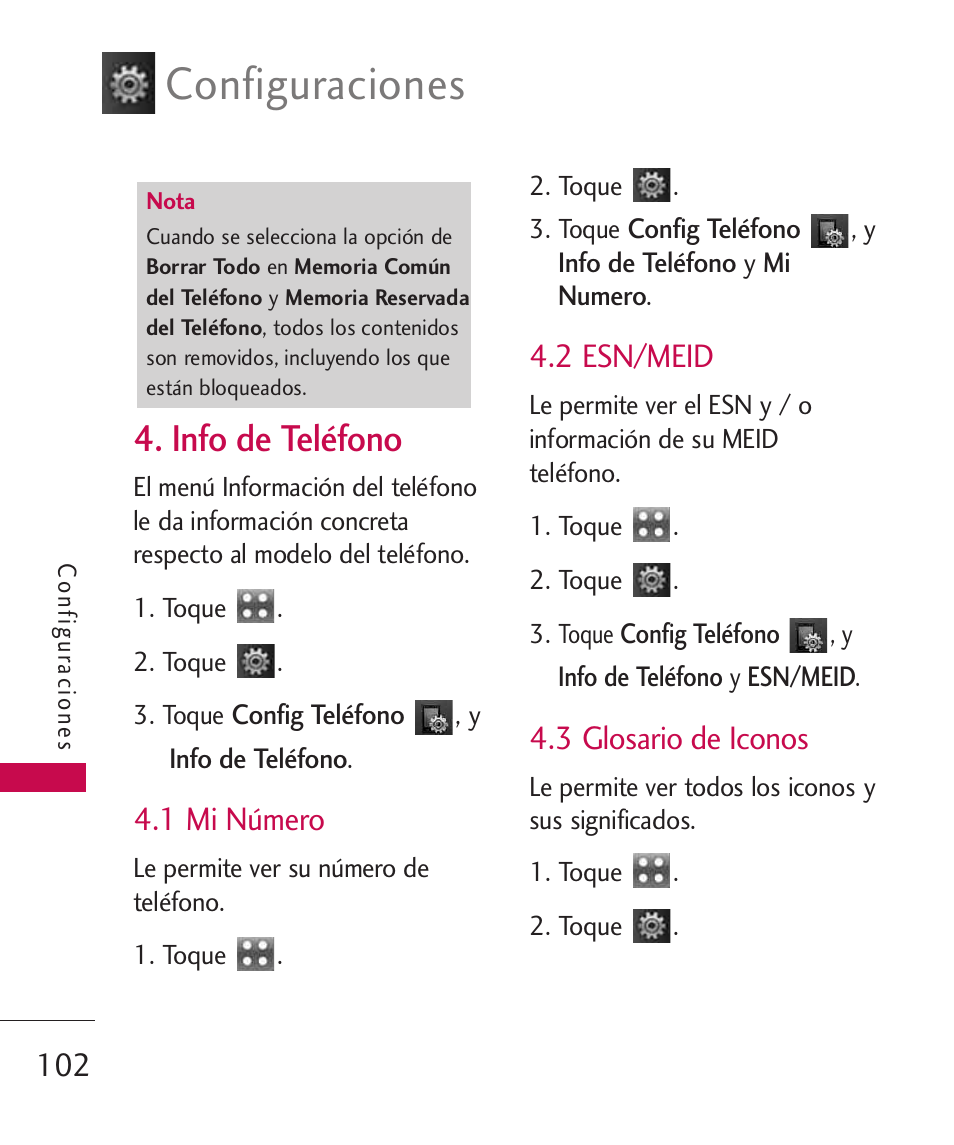 Info de teléfono, 1 mi número, 2 esn/meid | 3 glosario de iconos, Configuraciones | LG LGUX700 User Manual | Page 246 / 295