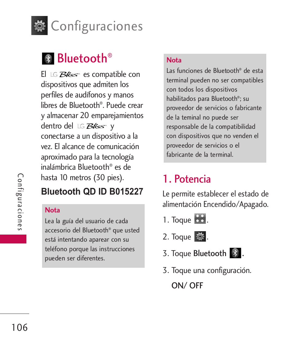 Bluetooth, Potencia, Configuraciones | LG LGUX700 User Manual | Page 250 / 295