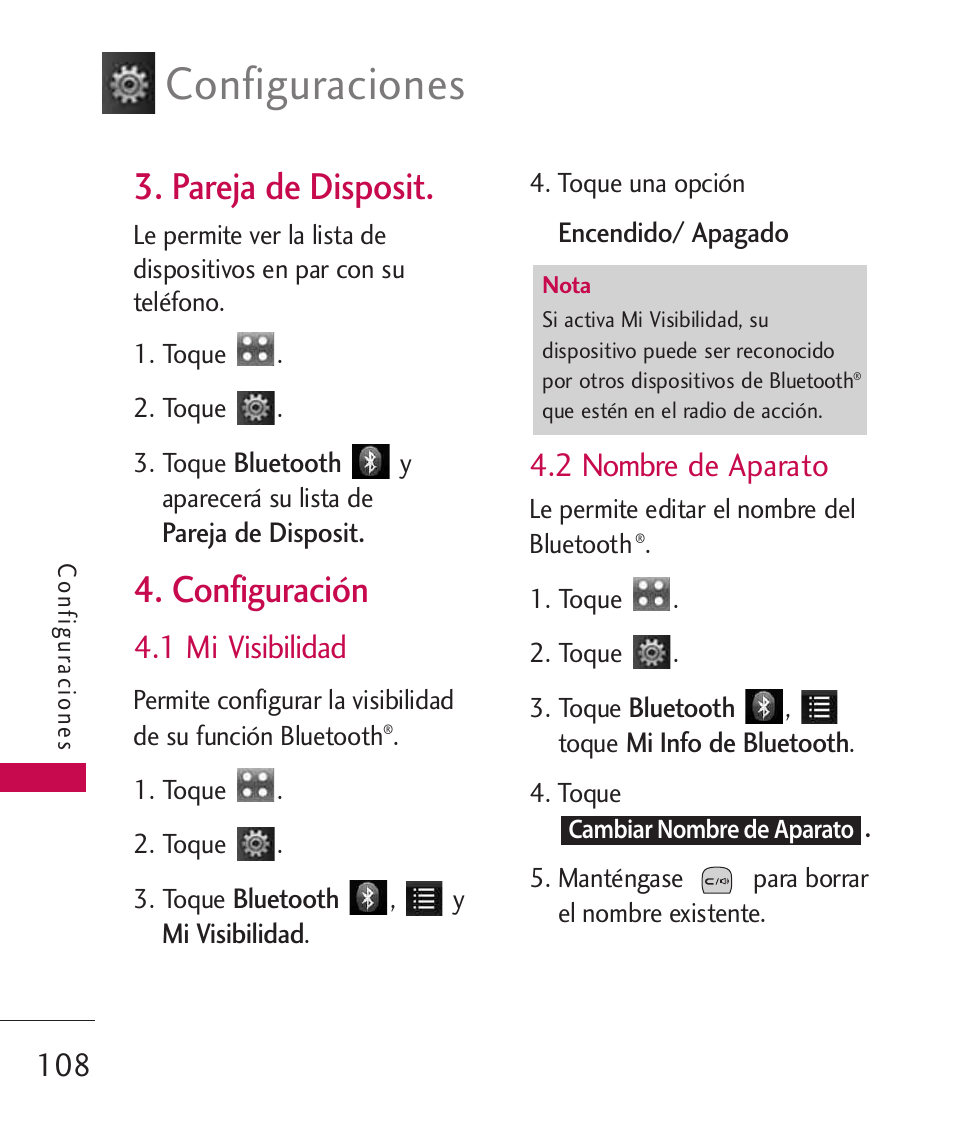 Pareja de disposit, Configuración, 1 mi visibilidad | 2 nombre de aparato, Configuraciones | LG LGUX700 User Manual | Page 252 / 295