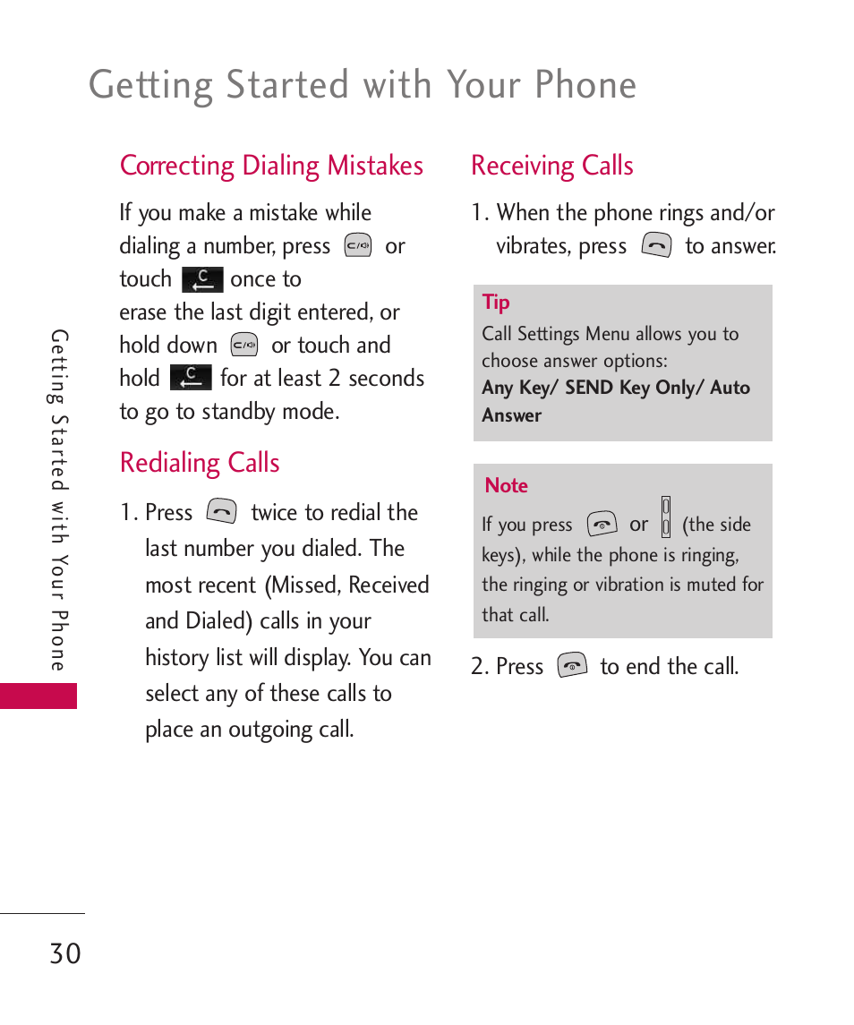 Correcting dialing mistakes, Redialing calls, Receiving calls | Getting started with your phone | LG LGUX700 User Manual | Page 32 / 295