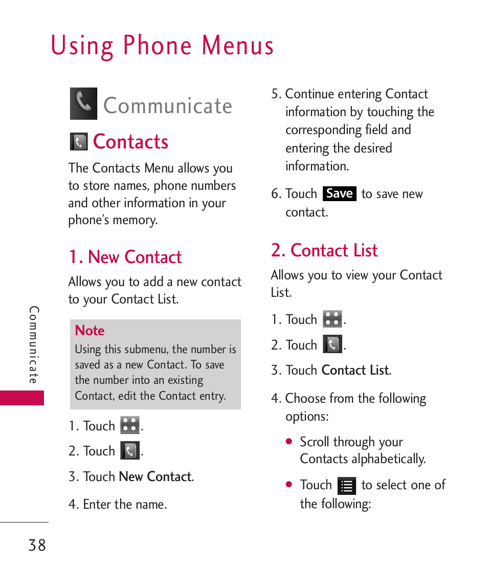 Using phone menus, Contacts, New contact | Contact list, Communicate | LG LGUX700 User Manual | Page 40 / 295