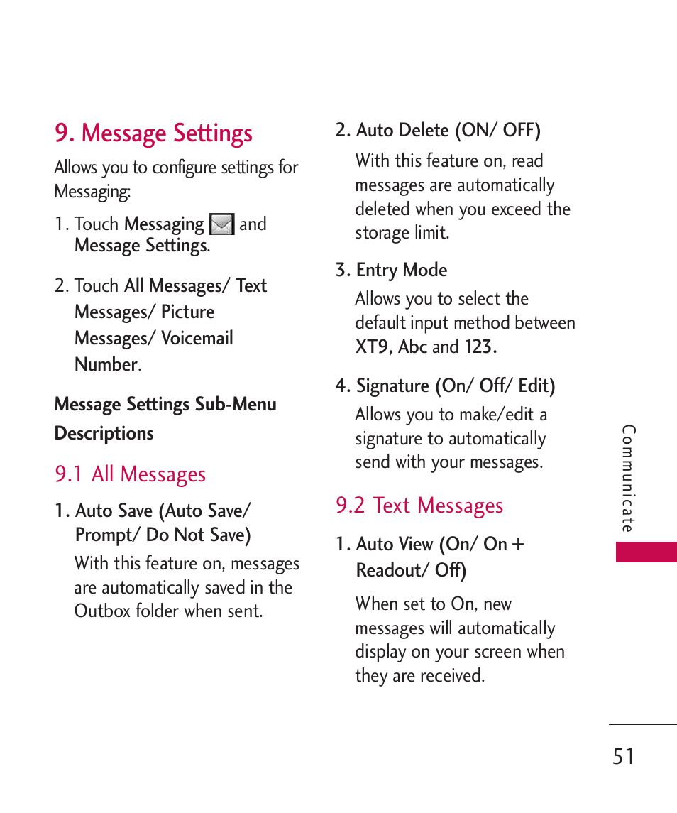 Message settings, 1 all messages, 2 text messages | LG LGUX700 User Manual | Page 53 / 295