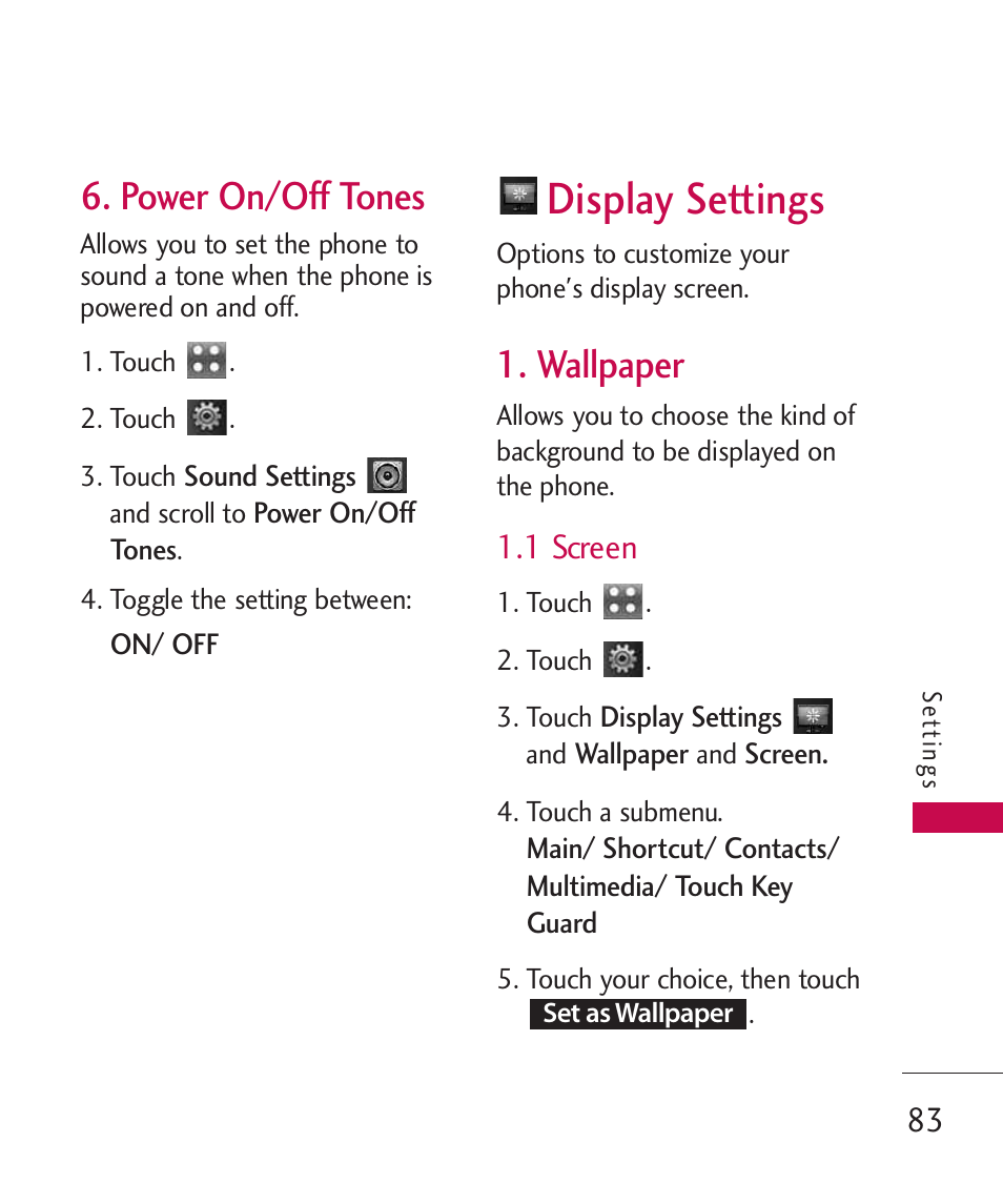 Power on/off tones, Display settings, Wallpaper | 1 screen | LG LGUX700 User Manual | Page 85 / 295