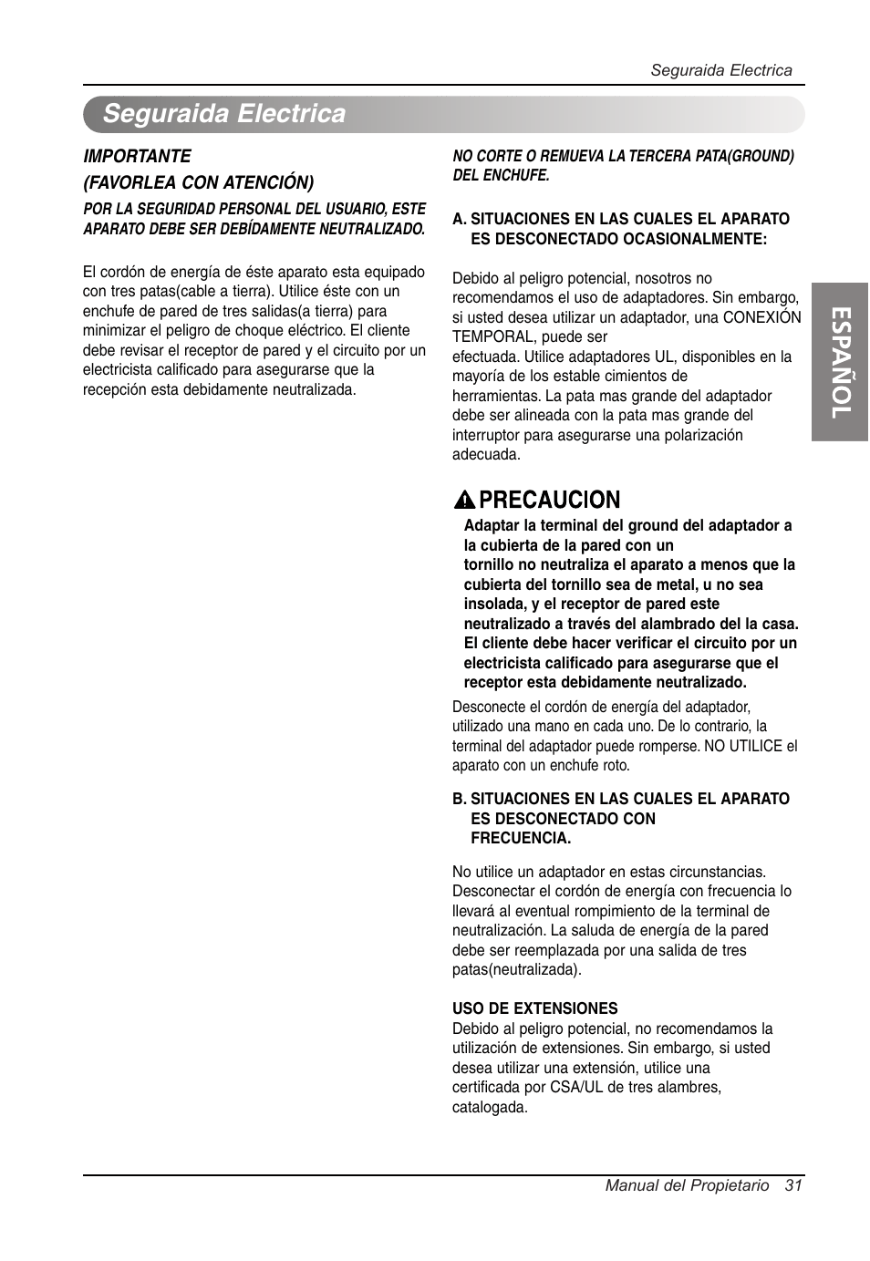 Seguraida electrica | LG LW7014HR User Manual | Page 31 / 48