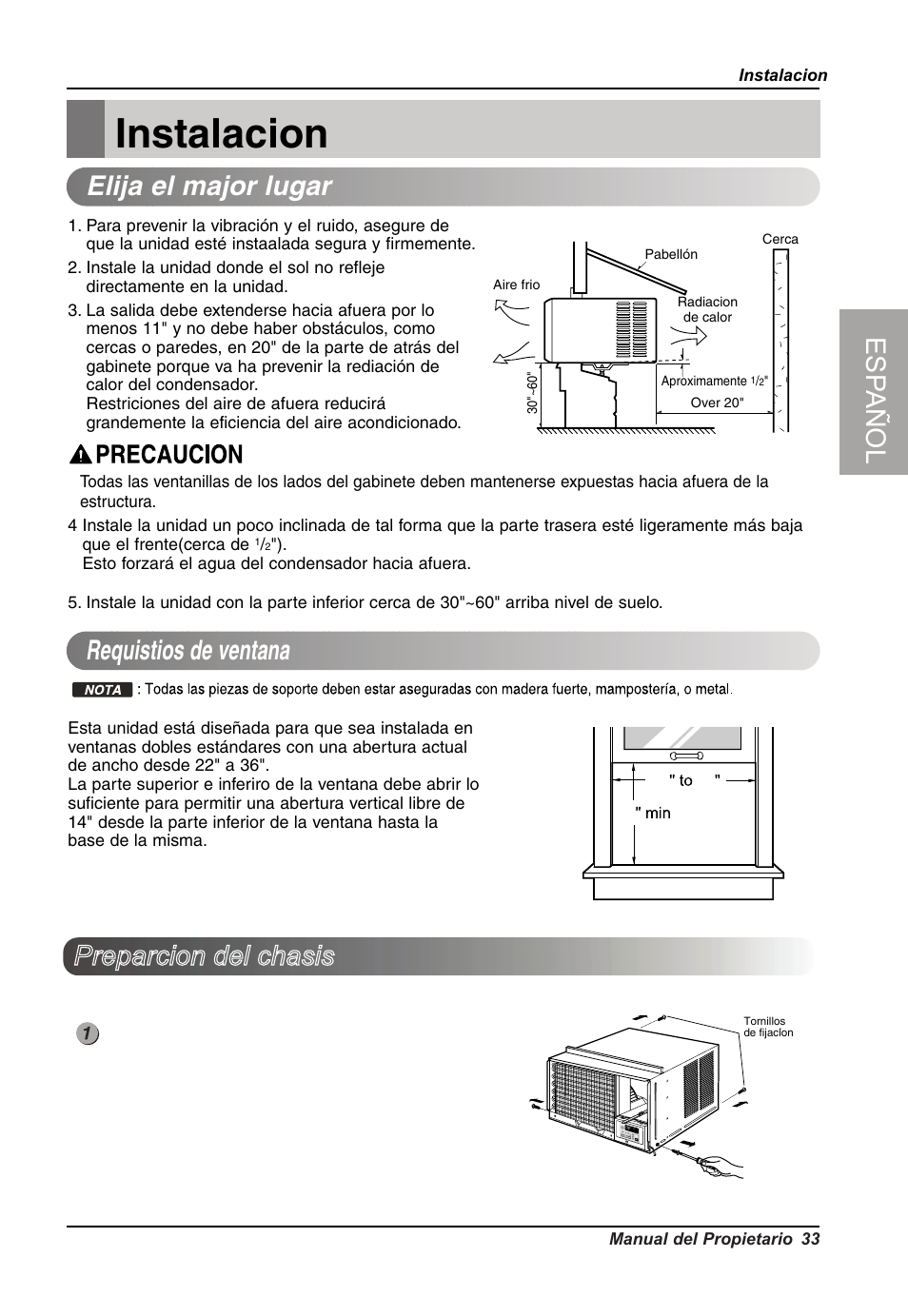 Instalacion, Esp añol, Elija el major lugar | Requistios de ventana, Preparcion del chasis | LG LW7014HR User Manual | Page 33 / 48