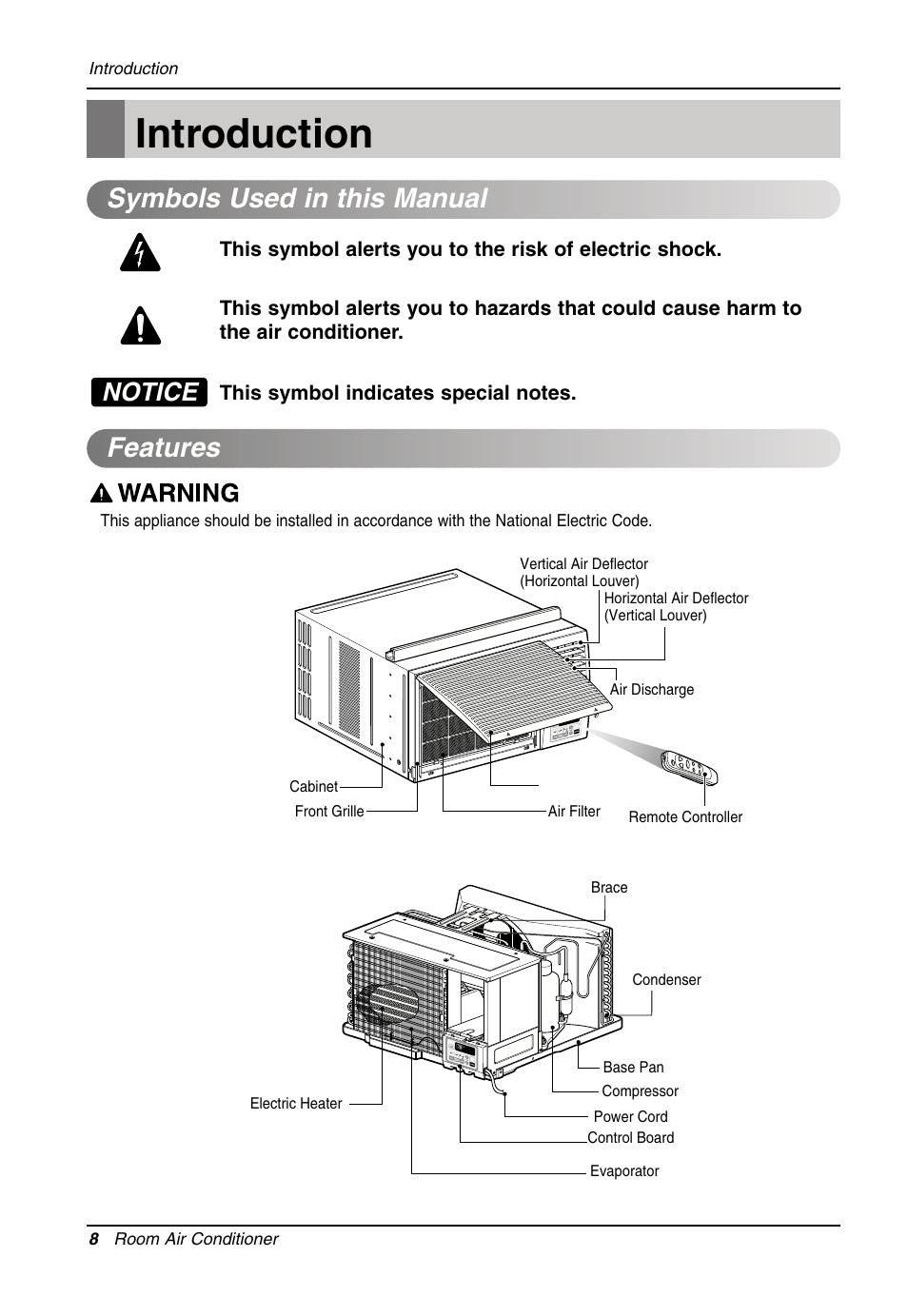 Introduction, Symbols used in this manual features, Notice | LG LW7014HR User Manual | Page 8 / 48