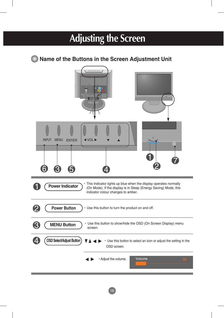 Adjusting the screen, Name of the buttons in the screen adjustment unit | LG M198WX-WA User Manual | Page 17 / 35