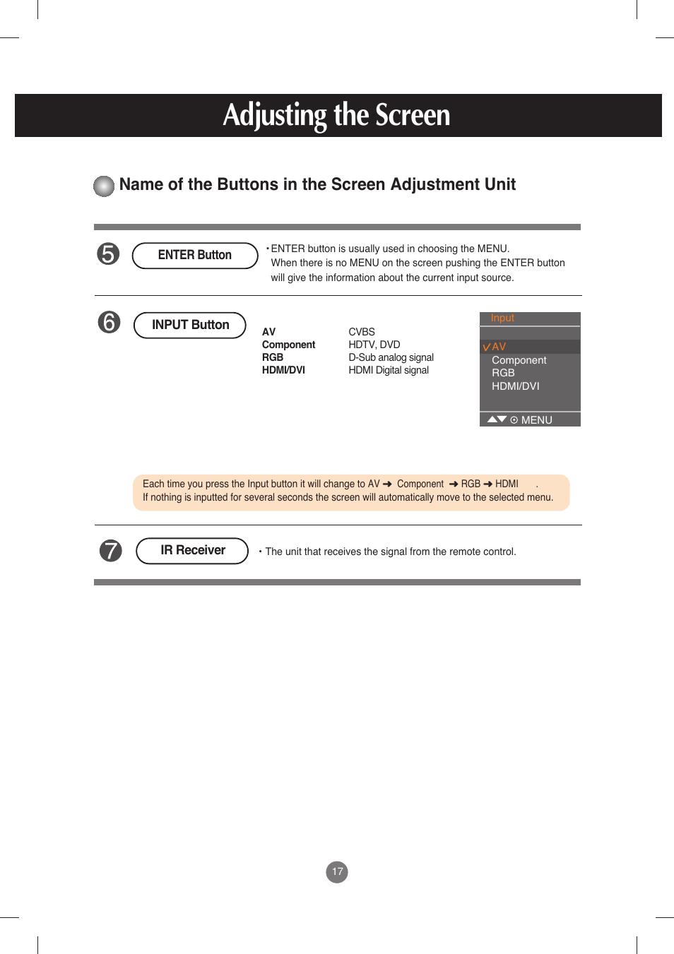 Adjusting the screen, Name of the buttons in the screen adjustment unit | LG M198WX-WA User Manual | Page 18 / 35