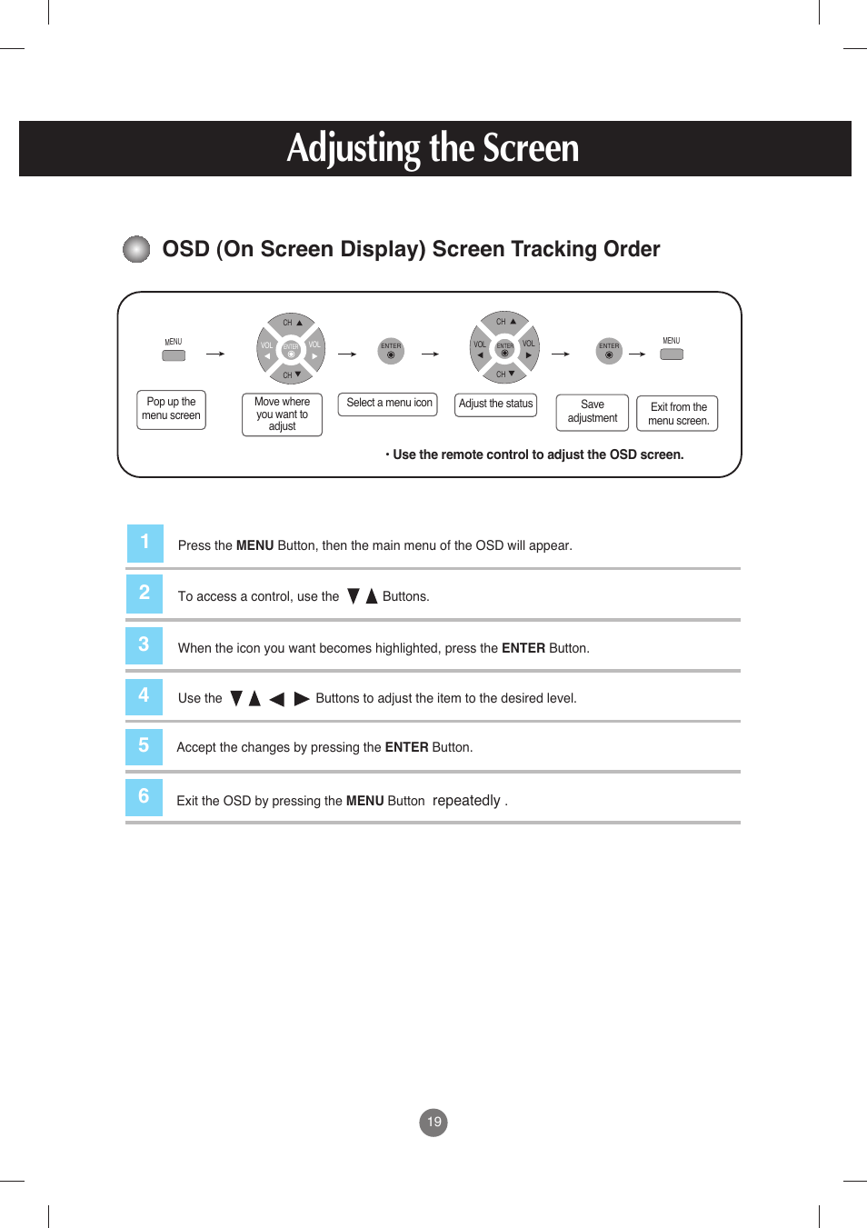Osd (on screen display) screen tracking order, Adjusting the screen | LG M198WX-WA User Manual | Page 20 / 35