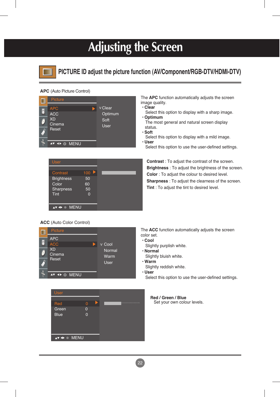 Adjusting the screen | LG M198WX-WA User Manual | Page 23 / 35
