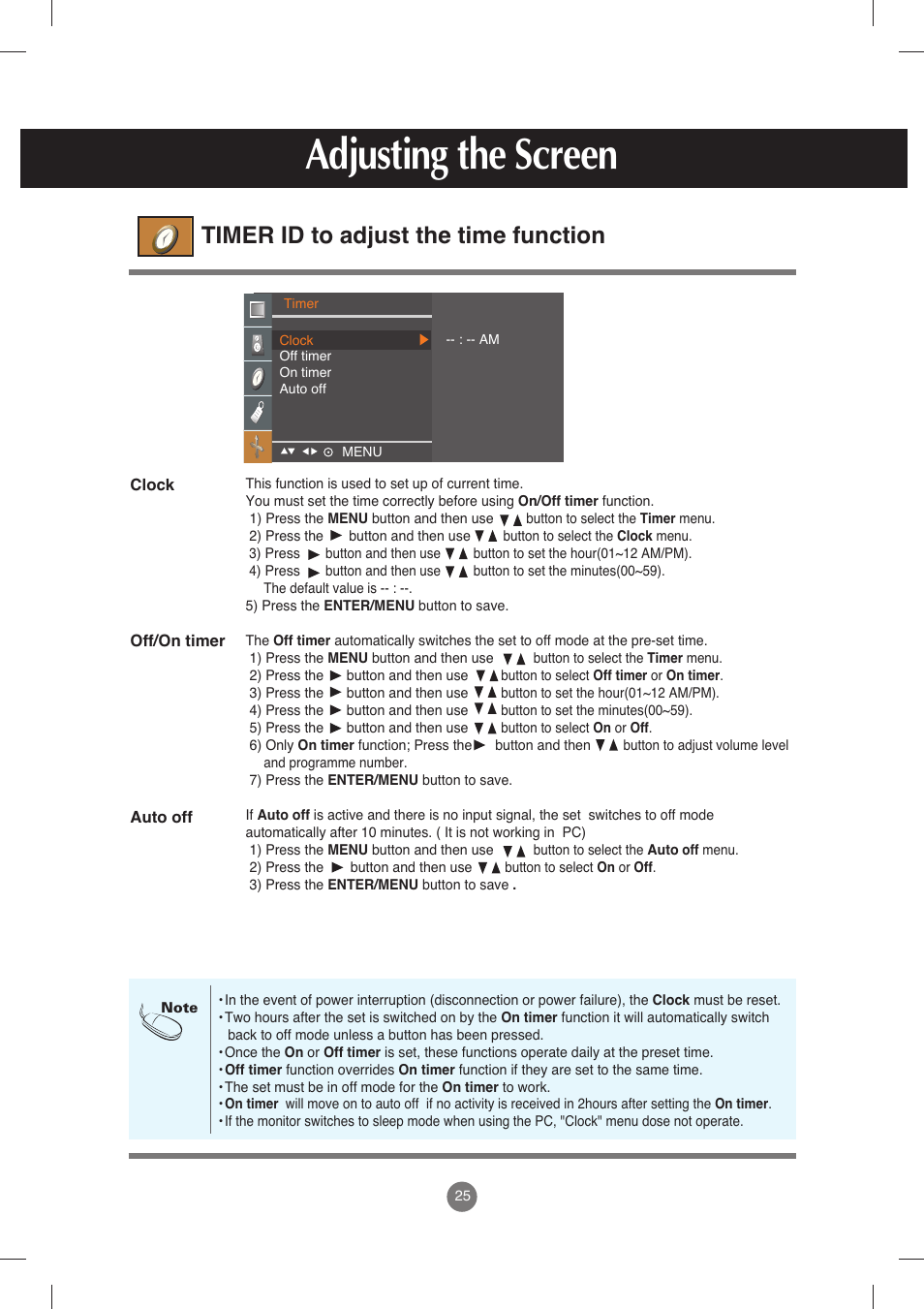 Timer id to adjust the time function, Adjusting the screen | LG M198WX-WA User Manual | Page 26 / 35