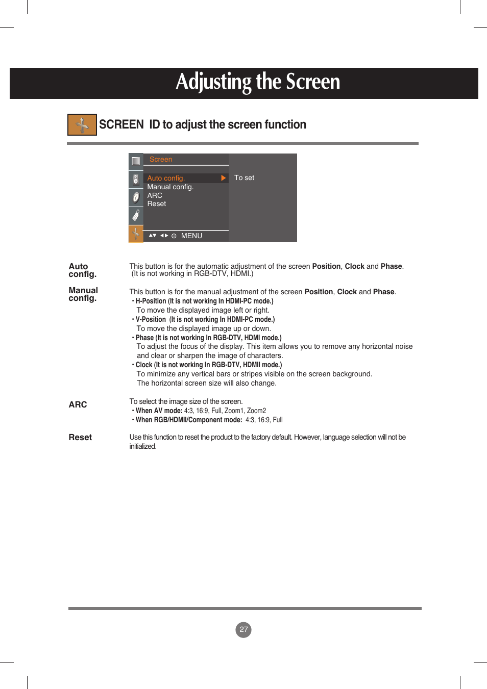 Screen id to adjust the screen function, Adjusting the screen | LG M198WX-WA User Manual | Page 28 / 35